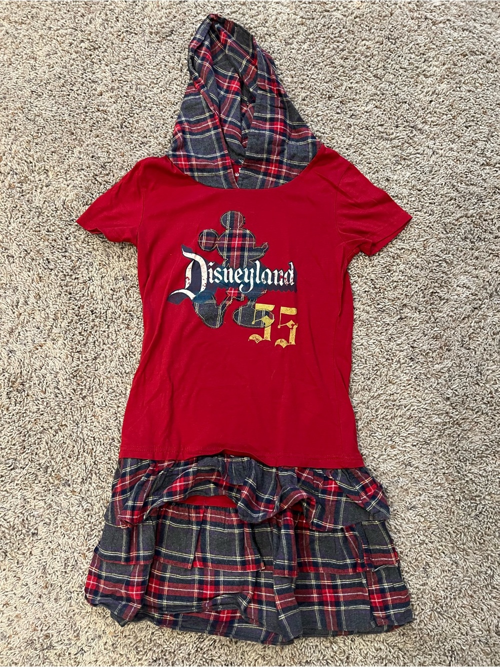 Disney Red Hooded Plaid-Trim Casual Girls Dress